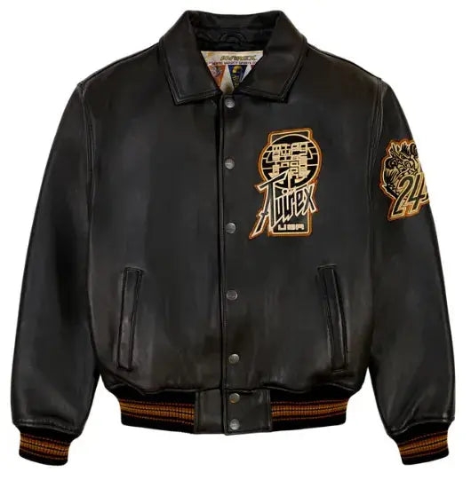 Avirex Black Real Bomber American Flight Jacket Leather Icon Jacket Unisex Men's Ladies TWIN DRAGON JACKET
