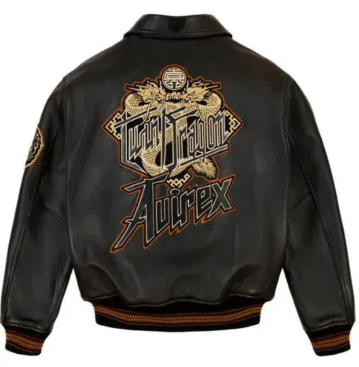 Avirex Black Real Bomber American Flight Jacket Leather Icon Jacket Unisex Men's Ladies TWIN DRAGON JACKET