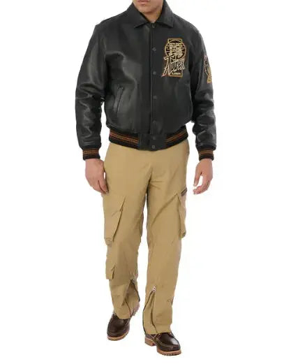 Avirex Black Real Bomber American Flight Jacket Leather Icon Jacket Unisex Men's Ladies TWIN DRAGON JACKET
