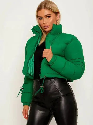 Green Warm, Stylish & Durable Women Cropped Puffer Jackets Padded Zip Up Quilted Lined Bubble Coat For Winter Cold Weather