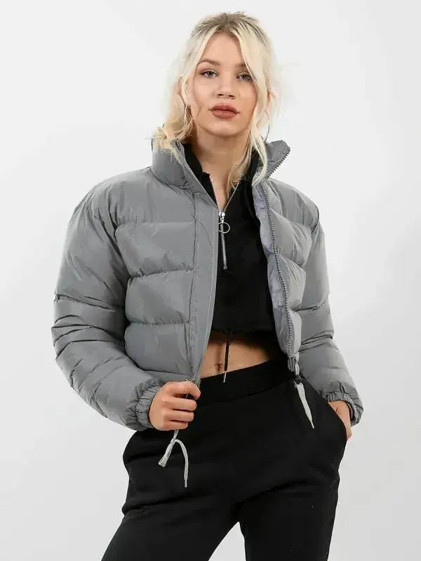 Grey Warm, Stylish & Durable Women Cropped Puffer Jackets Padded Zip Up Quilted Lined Bubble Coat For Winter Cold Weather