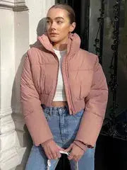 Pink Warm, Stylish & Durable Women Cropped Puffer Jackets Padded Zip Up Quilted Lined Bubble Coat For Winter Cold Weather