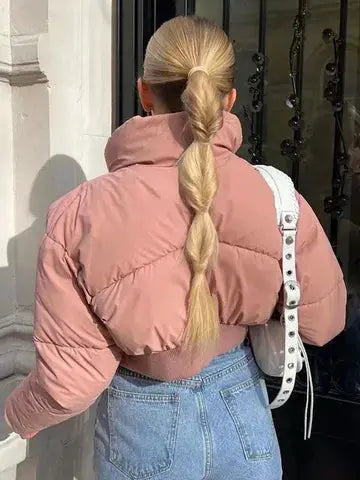 Pink Warm, Stylish & Durable Women Cropped Puffer Jackets Padded Zip Up Quilted Lined Bubble Coat For Winter Cold Weather