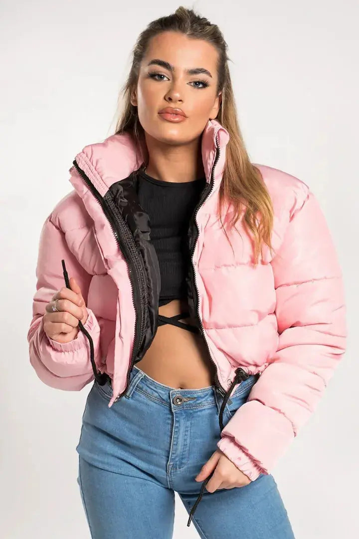 Pink Warm, Stylish & Durable Women Cropped Puffer Jackets Padded Zip Up Quilted Lined Bubble Coat For Winter Cold Weather