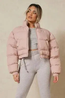 Pink Warm, Stylish & Durable Women Cropped Puffer Jackets Padded Zip Up Quilted Lined Bubble Coat For Winter Cold Weather