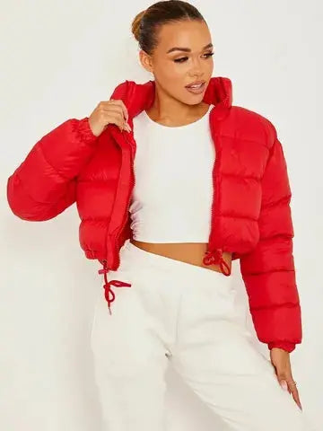 Red Warm, Stylish & Durable Women Cropped Puffer Jackets Padded Zip Up Quilted Lined Bubble Coat For Winter Cold Weather