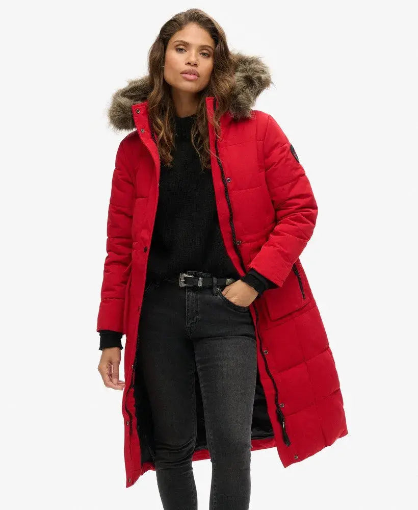 Red Warm, Stylish & Durable Women Long Fur Hooded Puffer Jackets Padded Zip Up Quilted Lined Bubble Coat For Winter Cold Weather