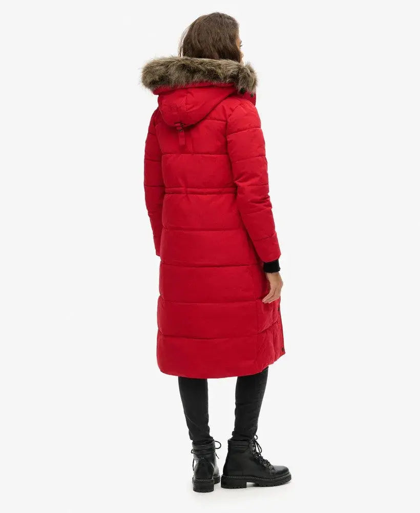 Red Warm, Stylish & Durable Women Long Fur Hooded Puffer Jackets Padded Zip Up Quilted Lined Bubble Coat For Winter Cold Weather