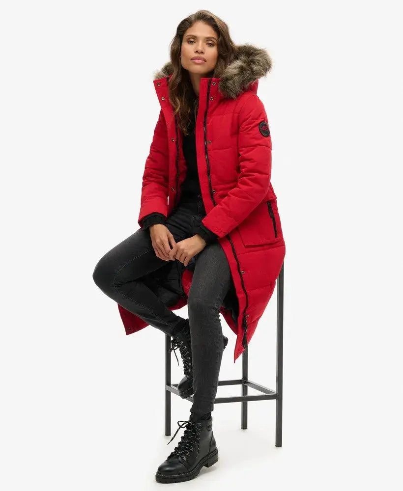 Red Warm, Stylish & Durable Women Long Fur Hooded Puffer Jackets Padded Zip Up Quilted Lined Bubble Coat For Winter Cold Weather