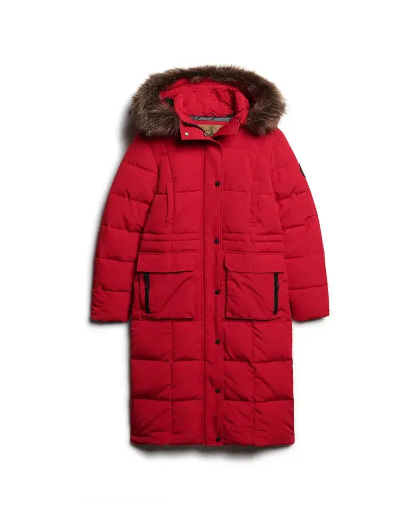 Red Warm, Stylish & Durable Women Long Fur Hooded Puffer Jackets Padded Zip Up Quilted Lined Bubble Coat For Winter Cold Weather