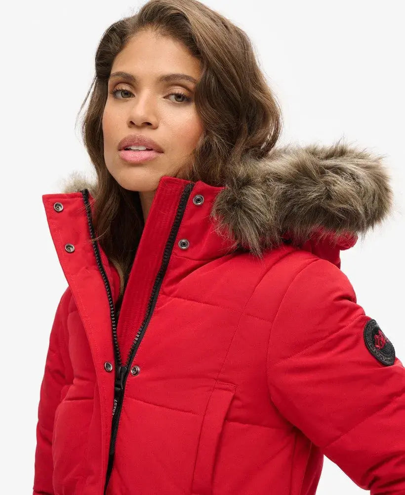 Red Warm, Stylish & Durable Women Long Fur Hooded Puffer Jackets Padded Zip Up Quilted Lined Bubble Coat For Winter Cold Weather