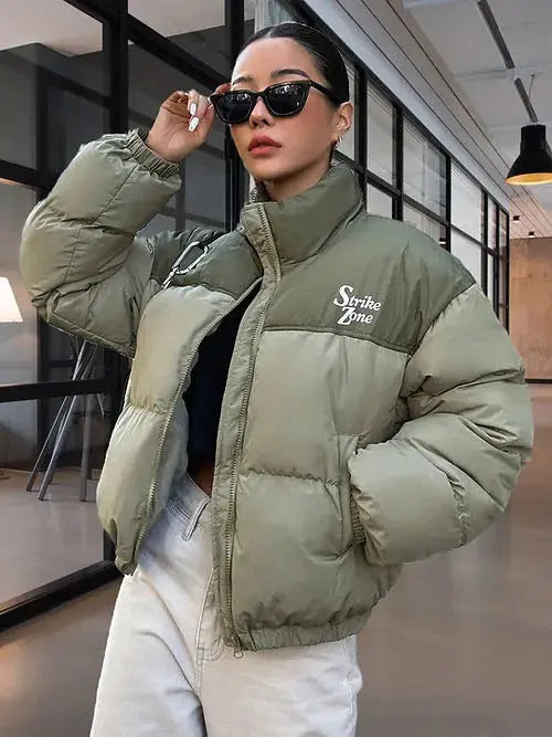 The North Face Khaki Warm, Stylish & Durable Women Puffer Jackets Padded Zip Up Quilted Lined Bubble Coat For Winter Cold Weather