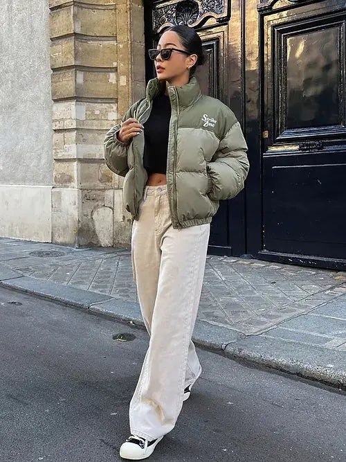 The North Face Khaki Warm, Stylish & Durable Women Puffer Jackets Padded Zip Up Quilted Lined Bubble Coat For Winter Cold Weather