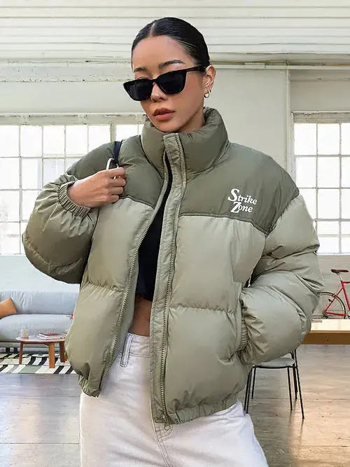 The North Face Khaki Warm, Stylish & Durable Women Puffer Jackets Padded Zip Up Quilted Lined Bubble Coat For Winter Cold Weather