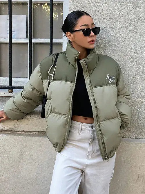 The North Face Khaki Warm, Stylish & Durable Women Puffer Jackets Padded Zip Up Quilted Lined Bubble Coat For Winter Cold Weather
