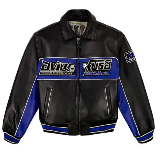 Avirex Black Real Bomber American Flight Jacket Leather Icon Jacket Unisex Men's Ladies SPIDER RACER JACKET