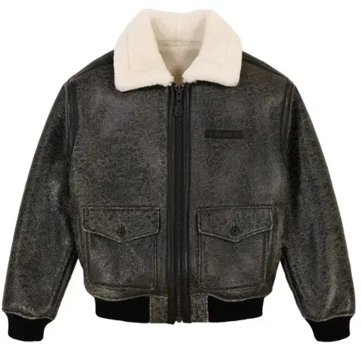 Avirex Unisex Warm Real Flight American Bomber Jacket Leather Jacket Ladies Black Faux Fur Collared Avirex