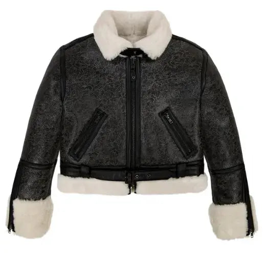 Avirex Unisex Warm Real Flight American Bomber Jacket Leather Jacket Ladies Black Faux Fur Collared
