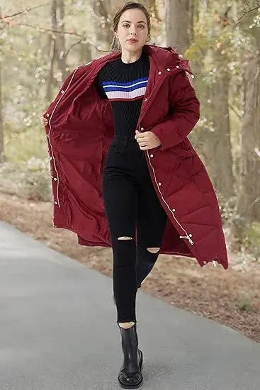 Beige/Red/Black/Blue Warm, Stylish & Durable Women Long Puffer Jackets Padded Zip Up Quilted Lined Bubble Coat For Winter Cold Weather