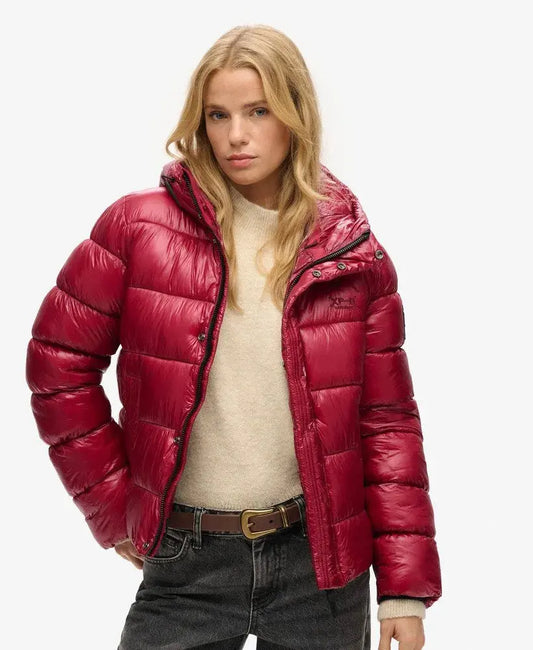 Berry Pink Shine Warm, Stylish & Durable Women Hooded Puffer Jackets Padded Zip Up Quilted Lined Bubble Coat For Winter Cold Weather
