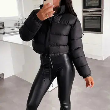 Black Warm, Stylish & Durable Women Cropped Puffer Jackets Padded Zip Up Quilted Lined Bubble Coat For Winter Cold Weather