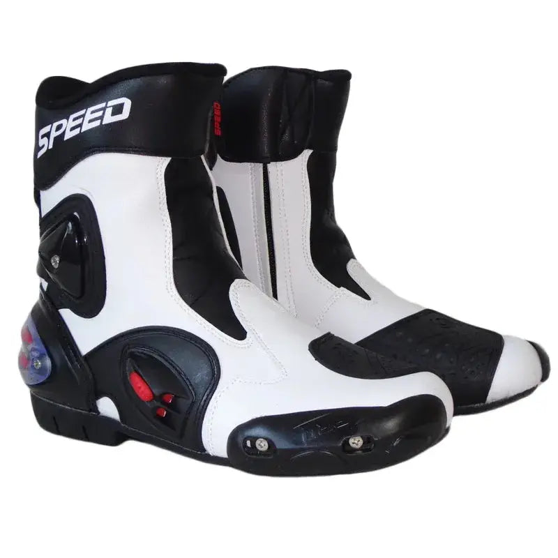 Black/White/Red Women/Men Motorcycle Long Leather Boots Waterproof Motorbike Motorcycle Riding Shoes Size UK Armored Sports/Touring