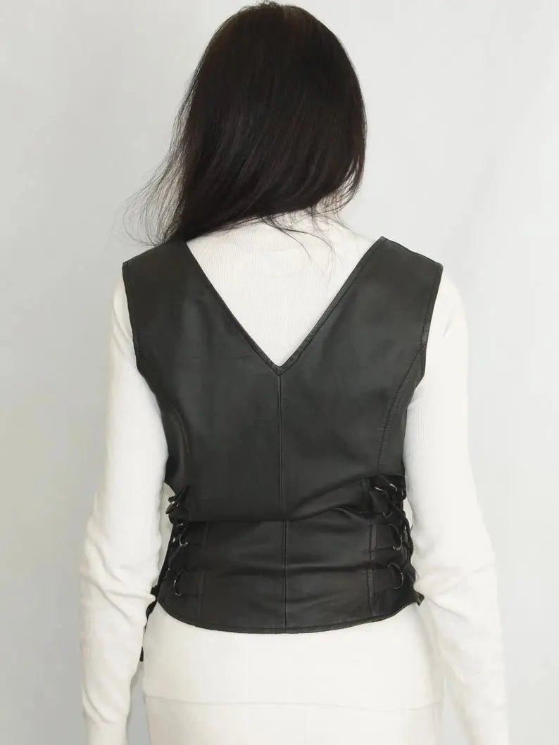 Black Women's Motorcycle Motorbike Sleeveless Genuine Leather Vest Biker Vest Outdoor Waistcoats Casual Wear