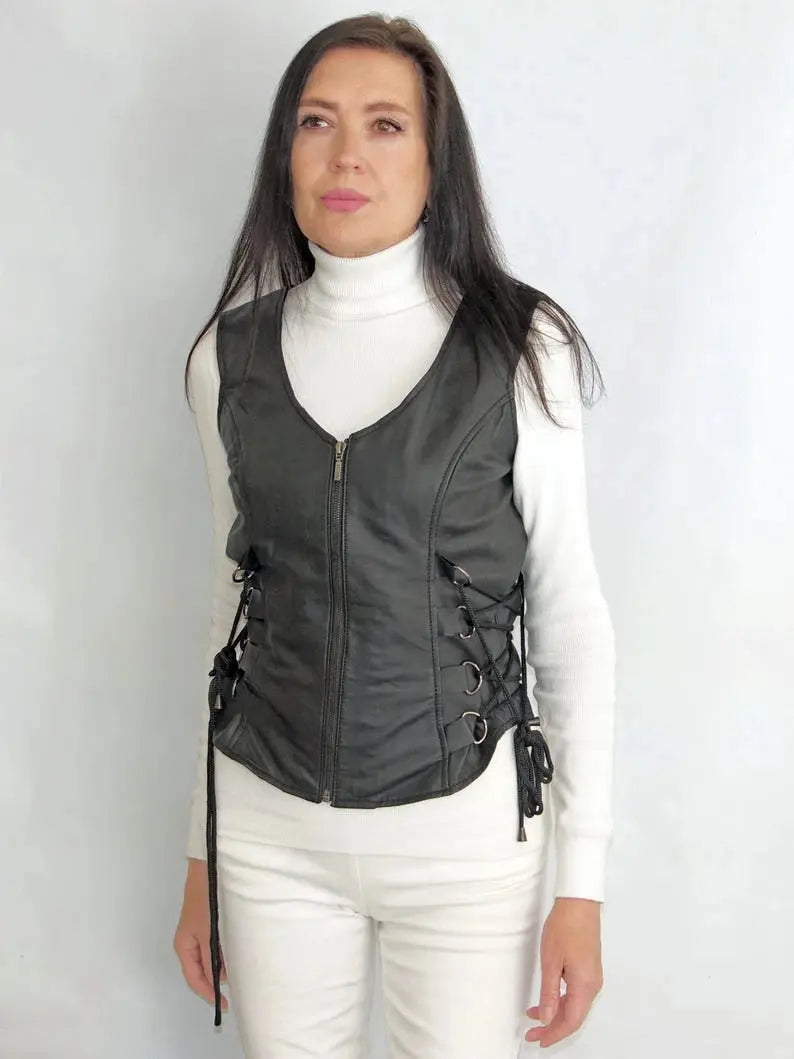 Black Women's Motorcycle Motorbike Sleeveless Genuine Leather Vest Biker Vest Outdoor Waistcoats Casual Wear