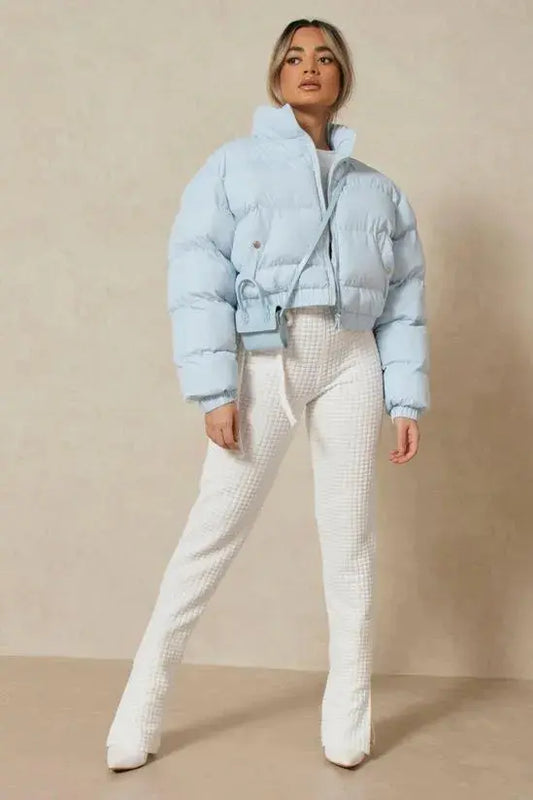 Blue Warm, Stylish & Durable Women Cropped Puffer Jackets Padded Zip Up Quilted Lined Bubble Coat For Winter Cold Weather