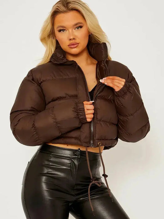 Brown Warm, Stylish & Durable Women Cropped Puffer Jackets Padded Zip Up Quilted Lined Bubble Coat For Winter Cold Weather