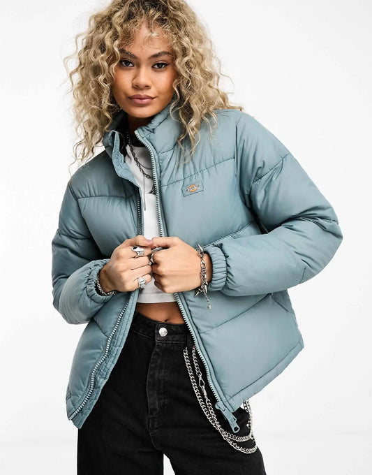 Dickies Light Blue Warm, Stylish & Durable Women Puffer Jackets Padded Zip Up Quilted Lined Bubble Coat For Winter Cold Weather