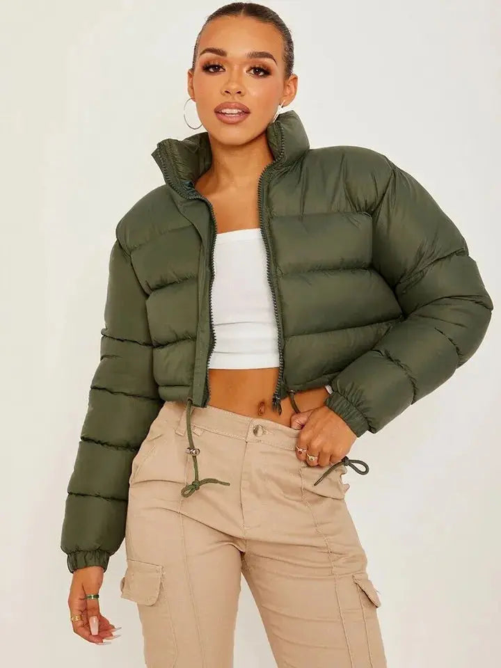Khaki Warm, Stylish & Durable Women Cropped Puffer Jackets Padded Zip Up Quilted Lined Bubble Coat For Winter Cold Weather