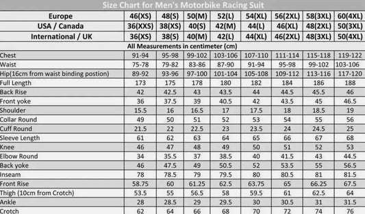 Size Chart Of Motorbike Suit SC