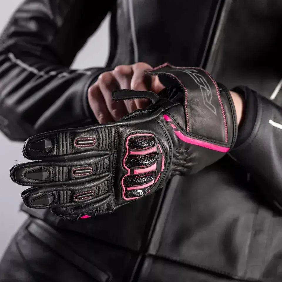 RST White/Pink MOTORCYCLE GLOVES MOTORBIKE TRACK DAYS COWHIDE LEATHER ARMOURED GLOVE For BIKER PROTECTION