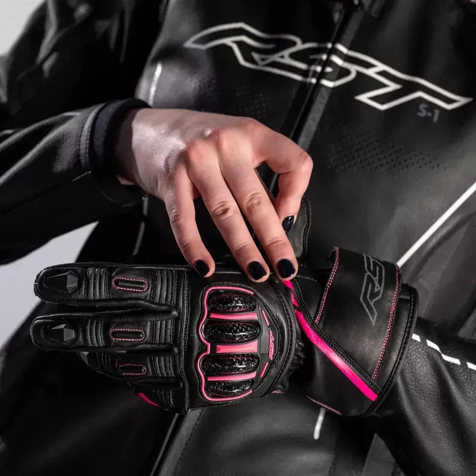 RST White/Pink MOTORCYCLE GLOVES MOTORBIKE TRACK DAYS COWHIDE LEATHER ARMOURED GLOVE For BIKER PROTECTION
