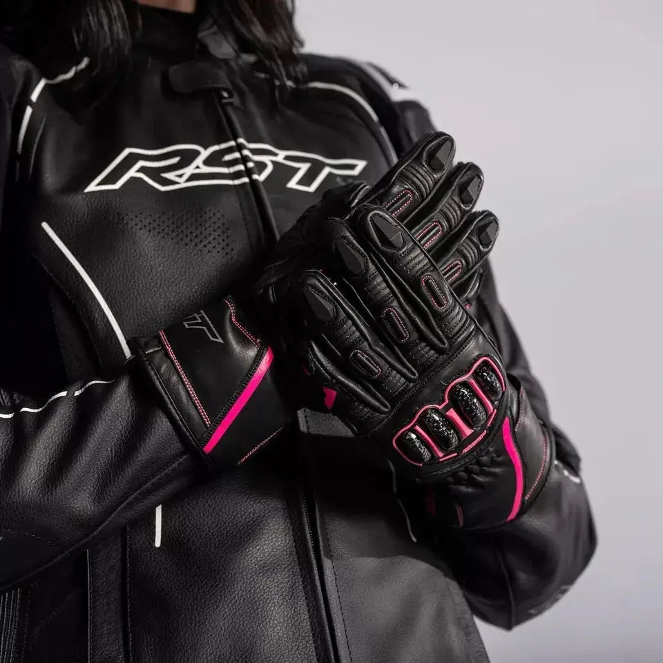 RST White/Pink MOTORCYCLE GLOVES MOTORBIKE TRACK DAYS COWHIDE LEATHER ARMOURED GLOVE For BIKER PROTECTION