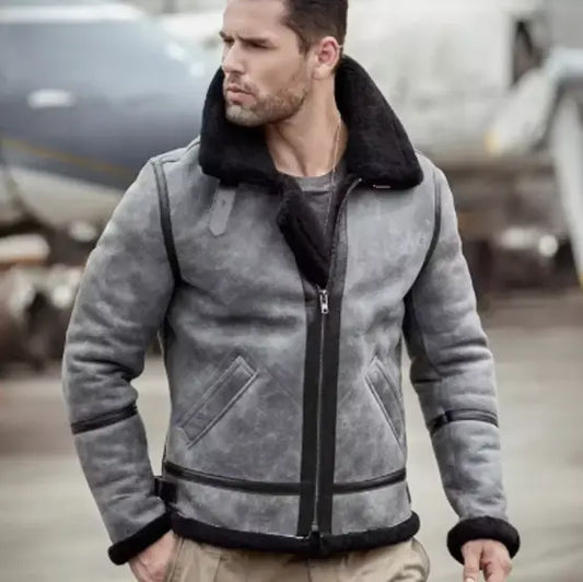 Warm, Stylish & Durable Men's RAFB3 Bomber Leather Jackets Black SheepSkin Shearling Fur Flying Coat For Winter Grey