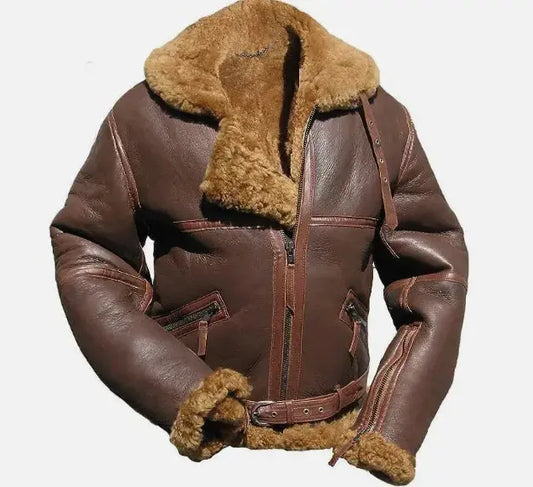 Warm, Stylish & Durable Men's RAFB3 Bomber Leather Jackets SheepSkin Shearling Fur Flying Coat For Winter Brown