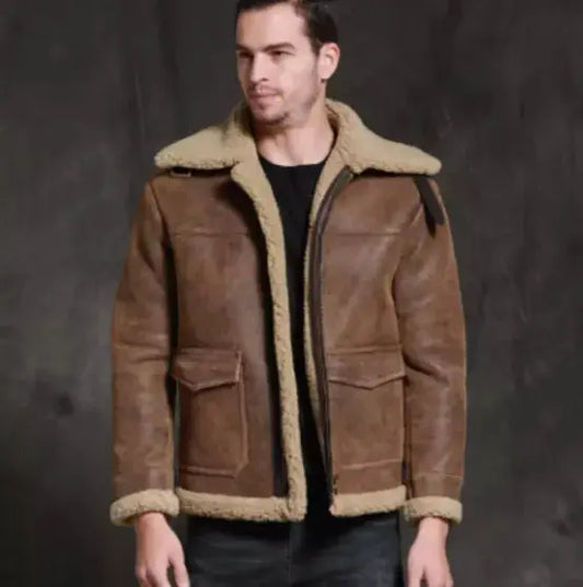 Warm, Stylish & Durable Men's RAFB3 Bomber Leather Jackets SheepSkin Shearling Fur Flying Coat For Winter Brown