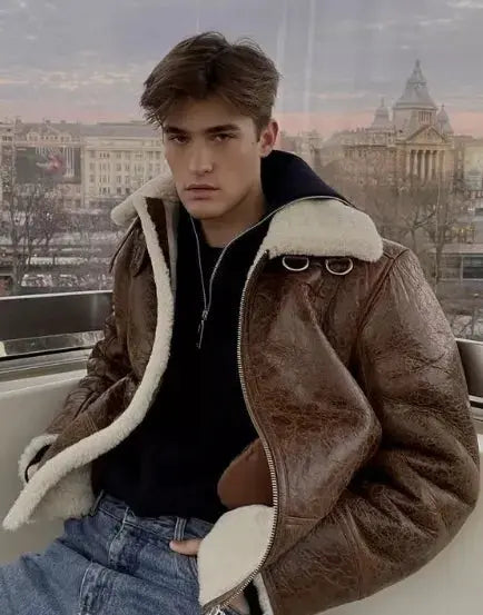 Warm, Stylish & Durable Men's RAFB3 Bomber Leather Jackets SheepSkin Shearling Fur Flying Coat For Winter Brown