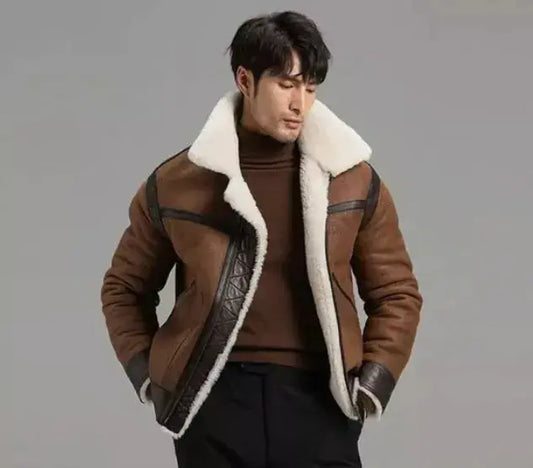 Warm, Stylish & Durable Men's RAFB3 Bomber Leather Jackets SheepSkin Shearling Fur Flying Coat For Winter Brown