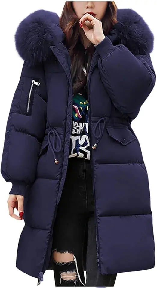 Blue Warm, Stylish & Durable Women Long Puffer Jackets Padded Zip Up Quilted Lined Bubble Coat For Winter Cold Weather