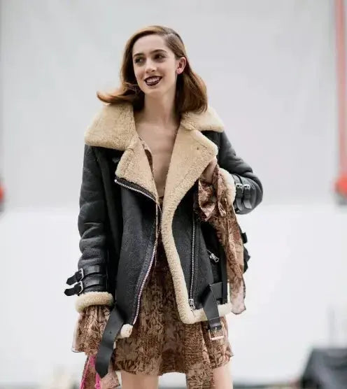 Warm, Stylish & Durable Women's RAFB3 Bomber Leather Jackets Beige SheepSkin Shearling Fur Flying Coat For Winter Black