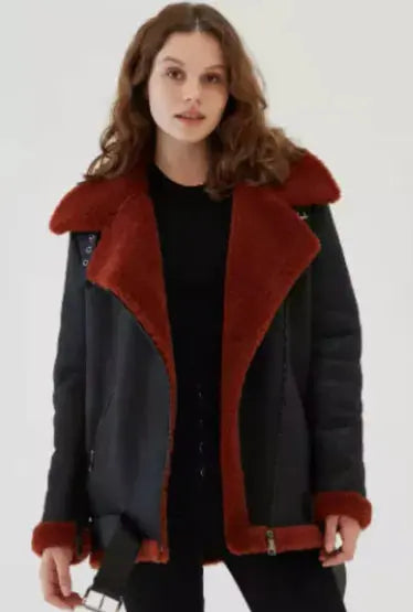 Warm, Stylish & Durable Women's RAFB3 Bomber Leather Jackets Red SheepSkin Shearling Fur Flying Coat For Winter Black