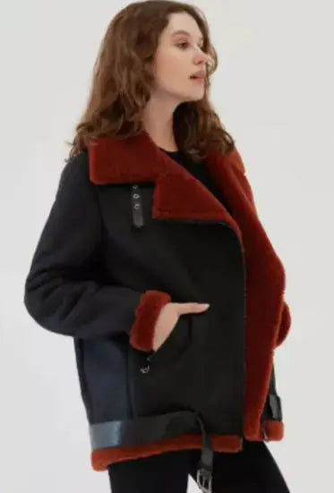 Warm, Stylish & Durable Women's RAFB3 Bomber Leather Jackets Red SheepSkin Shearling Fur Flying Coat For Winter Black