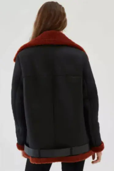 Warm, Stylish & Durable Women's RAFB3 Bomber Leather Jackets Red SheepSkin Shearling Fur Flying Coat For Winter Black