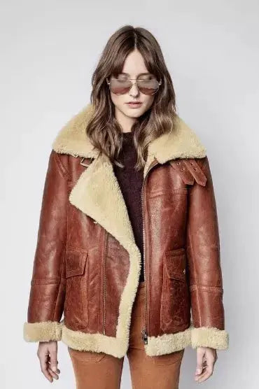 Warm, Stylish & Durable Women's RAFB3 Bomber Leather Jackets Skin SheepSkin Shearling Fur Flying Coat For Winter Orange 