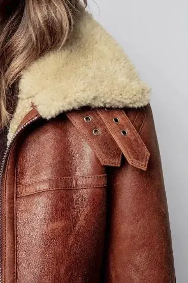 Warm, Stylish & Durable Women's RAFB3 Bomber Leather Jackets Skin SheepSkin Shearling Fur Flying Coat For Winter Orange 