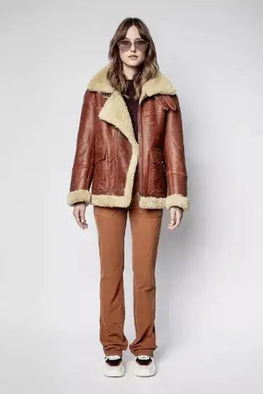 Warm, Stylish & Durable Women's RAFB3 Bomber Leather Jackets Skin SheepSkin Shearling Fur Flying Coat For Winter Orange 
