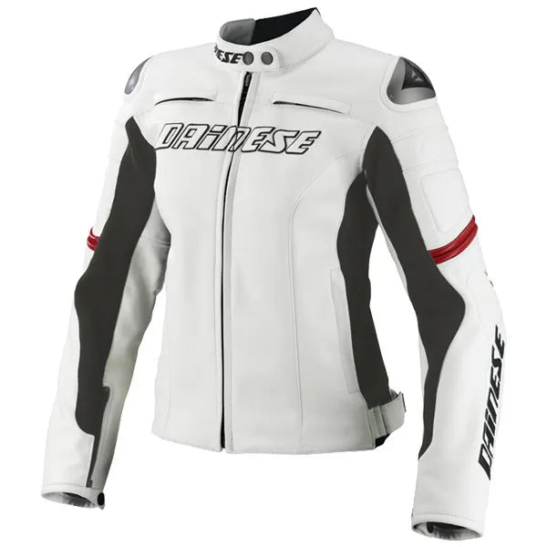 Dainese White Women's Motorbike Racing Biker Cowhide Leather Jacket Handmade For Motorcycle Riders CE Armored